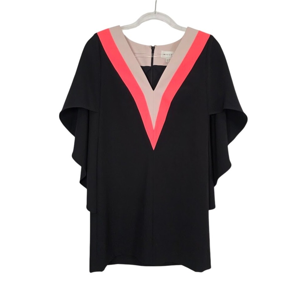 Milly Women 0 Shift Dress Black Neon Pink Blush V-Neck Cape Sleeve Made in USA